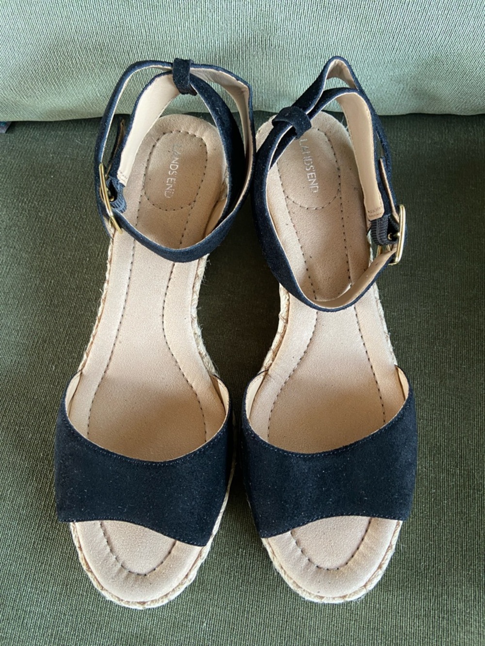 Lands' End Black Suede Ankle-Strap Espadrille Wedge Sandals